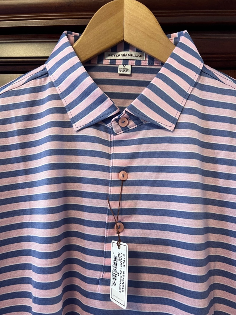 Brand New Peter Millar Bold Striped Rose Pink & Smoke Gray Golf Polo 100% Cotton